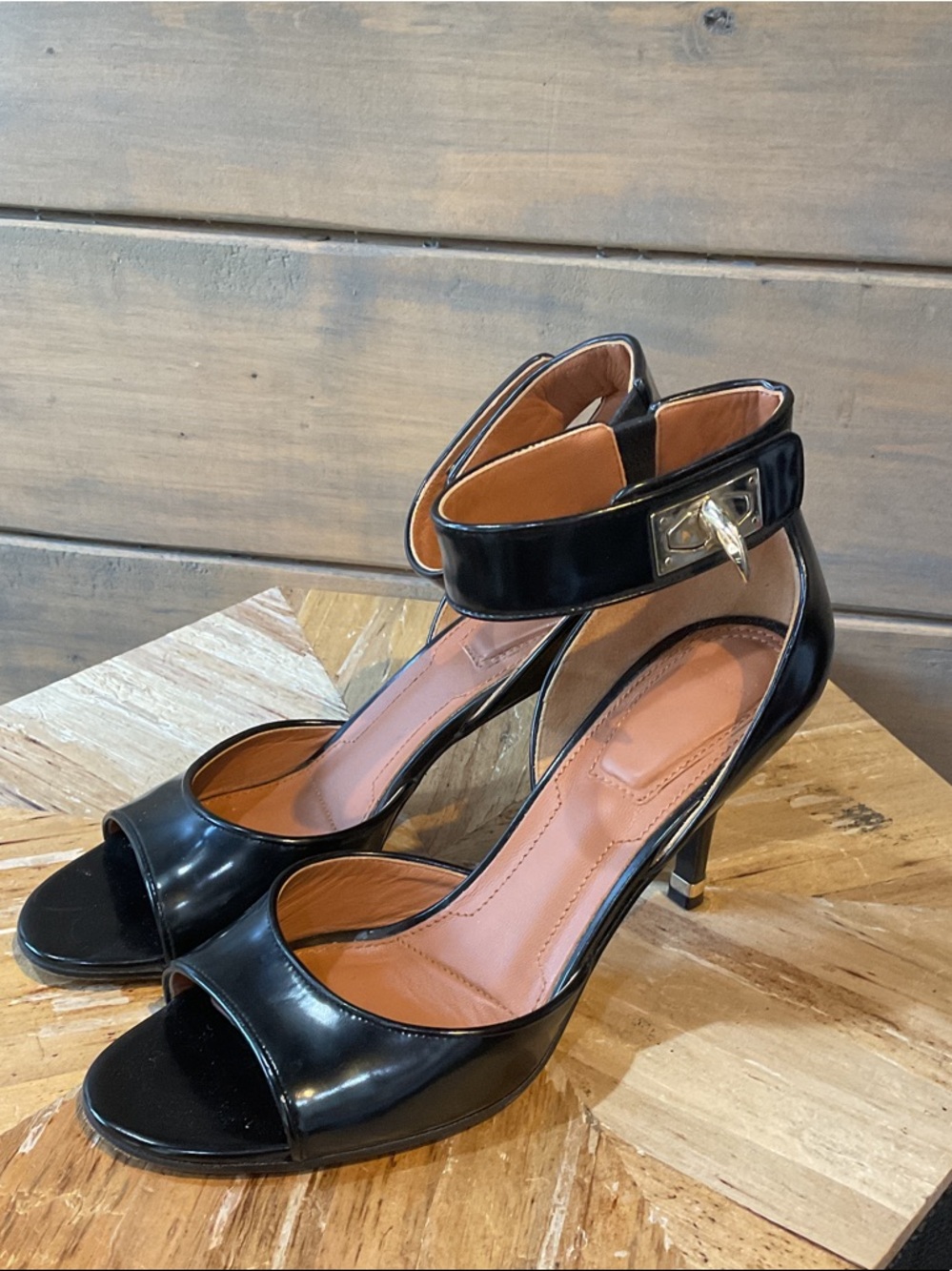 Givenchy Black Patent Open-Toe Ankle Strap Heels
